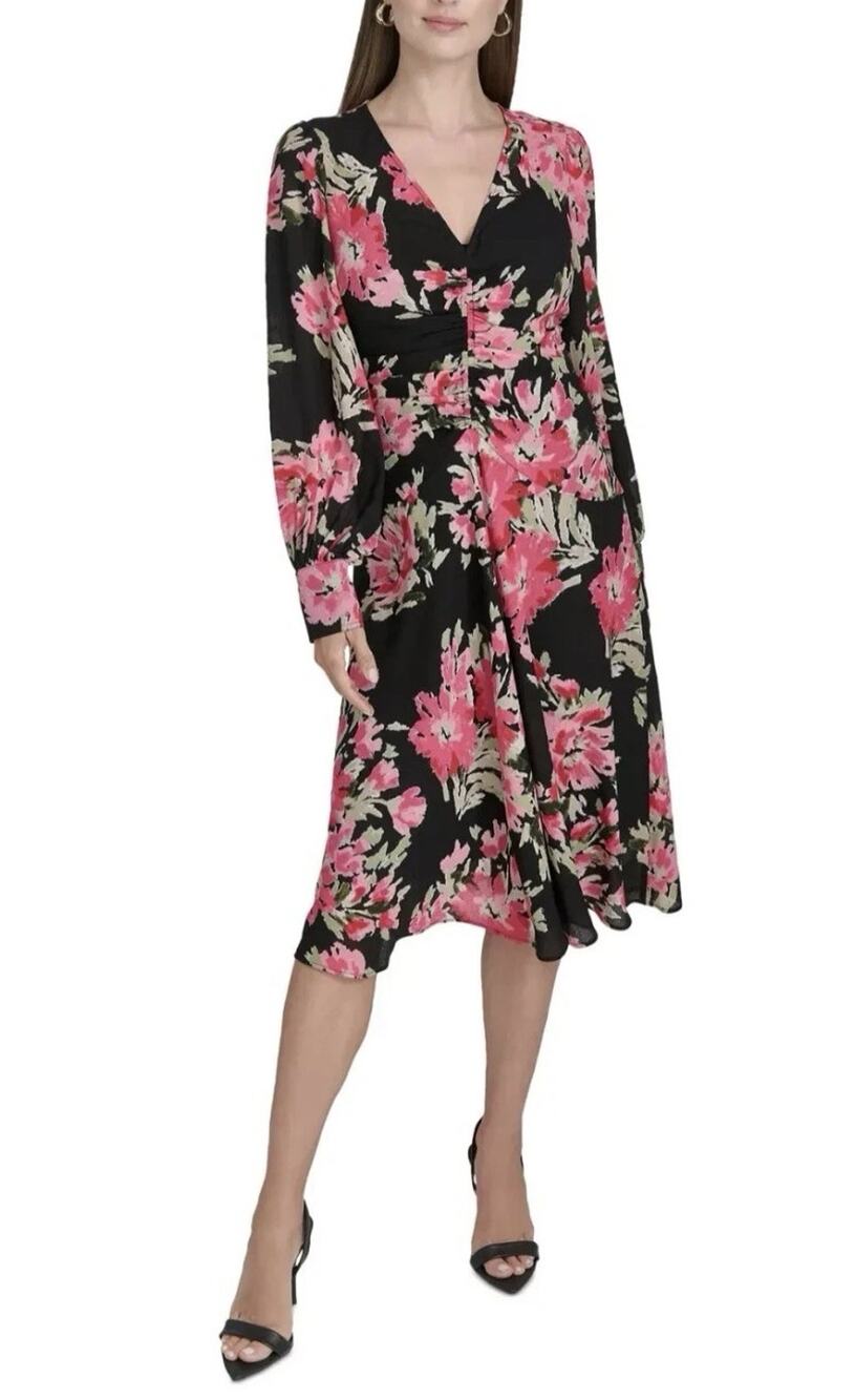 NWT Halston Women's Floral-Print Ruched Fit & Flare Dress Black Pink Romantic 2